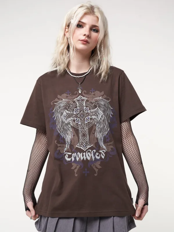 Winged Cross Brown T-shirt sold by Minga London