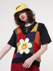 Minga x Strangervinyl Happy Flower Rainbow Check Vest sold by Minga London