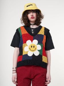 Minga x Strangervinyl Happy Flower Rainbow Check Vest sold by Minga London
