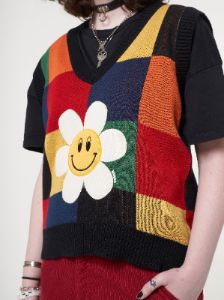 Minga x Strangervinyl Happy Flower Rainbow Check Vest sold by Minga London