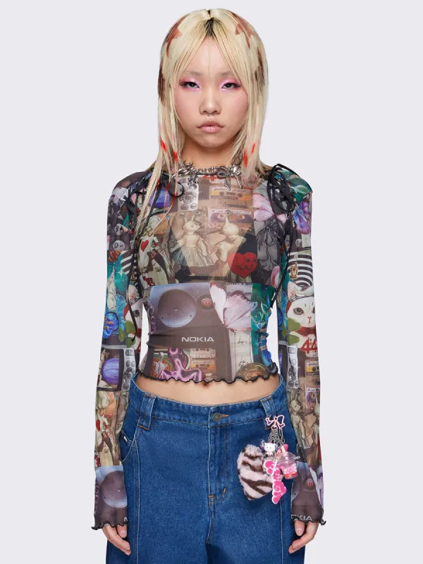 Pop Art Collage Lace Up Mesh Top sold by Minga London
