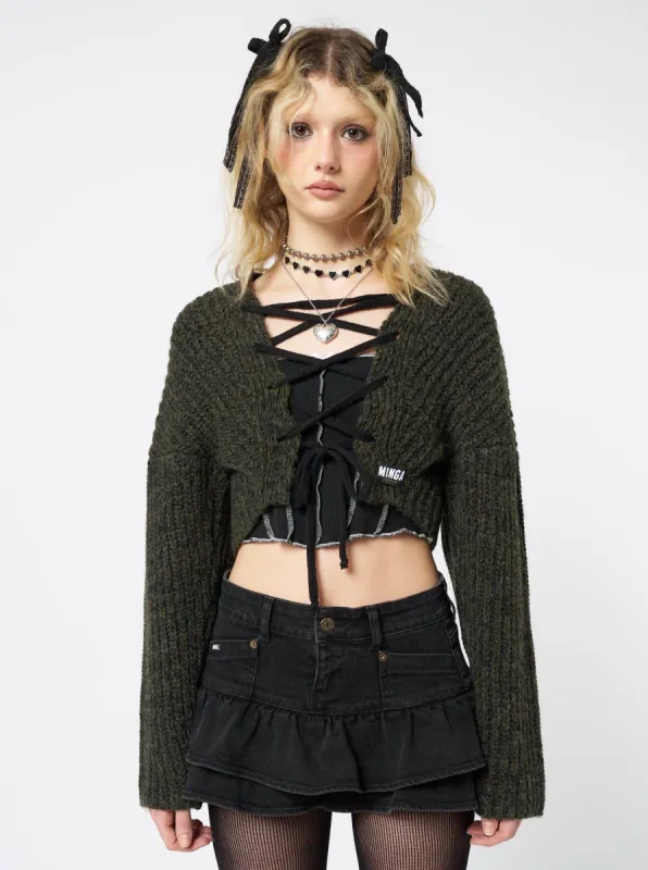 Arabella Green Knitted Lace Up Cardigan sold by Minga London