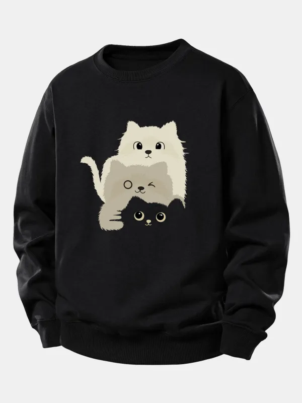 Three Cats Print Relax Fit Sweatshirt sold by Hoooyi
