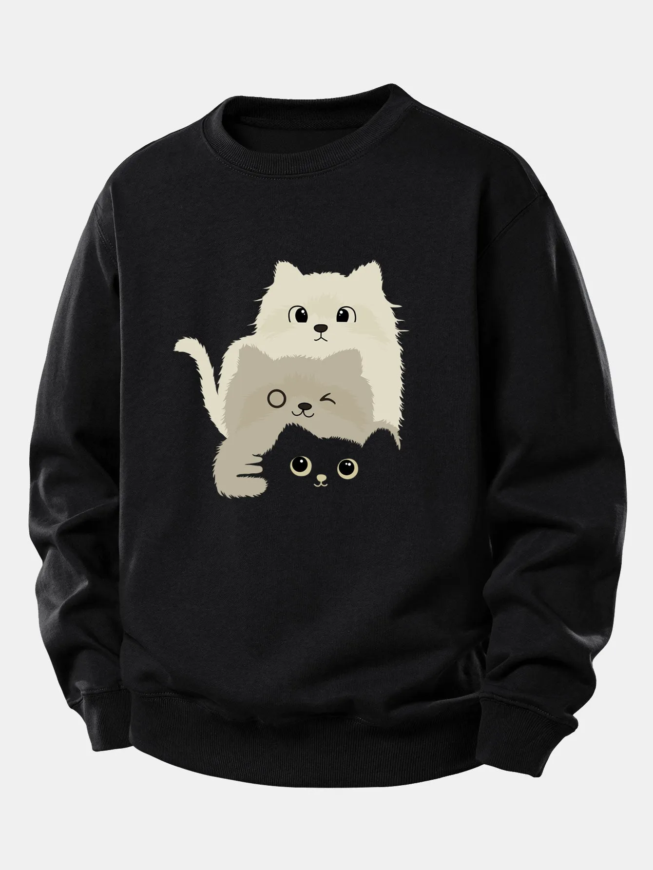 Three Cats Print Relax Fit Sweatshirt sold by Hoooyi