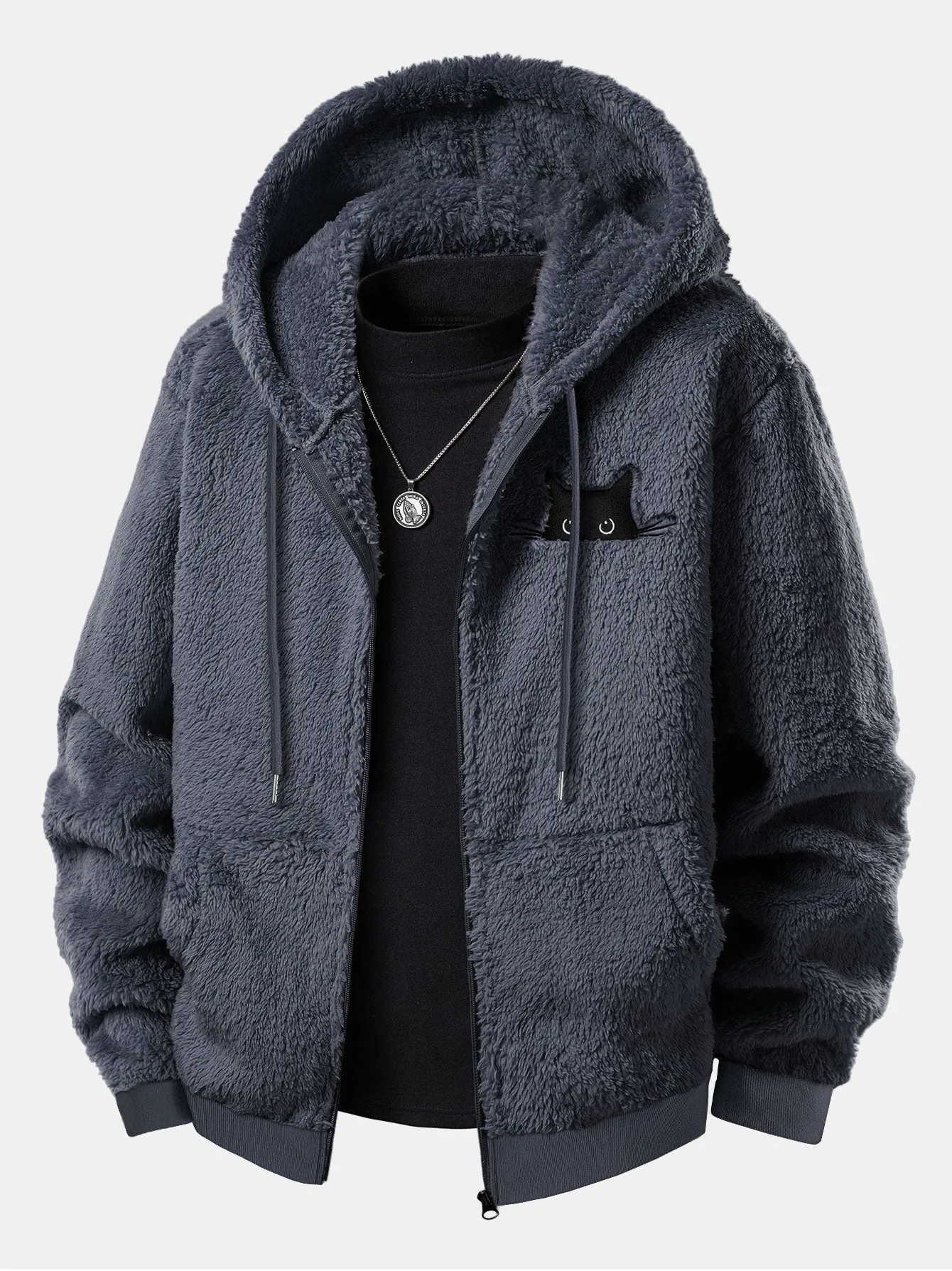 Black Cat Embroidered Teddy Zip Up Hoodie sold by Hoooyi