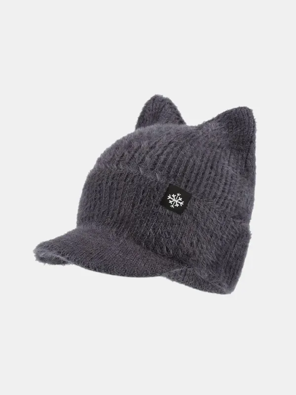 Winter Warm Knitted Hat With Brim – Soft And Cozy Cat Ear Design Cute Cold Weather Earflap Cap sold by Hoooyi