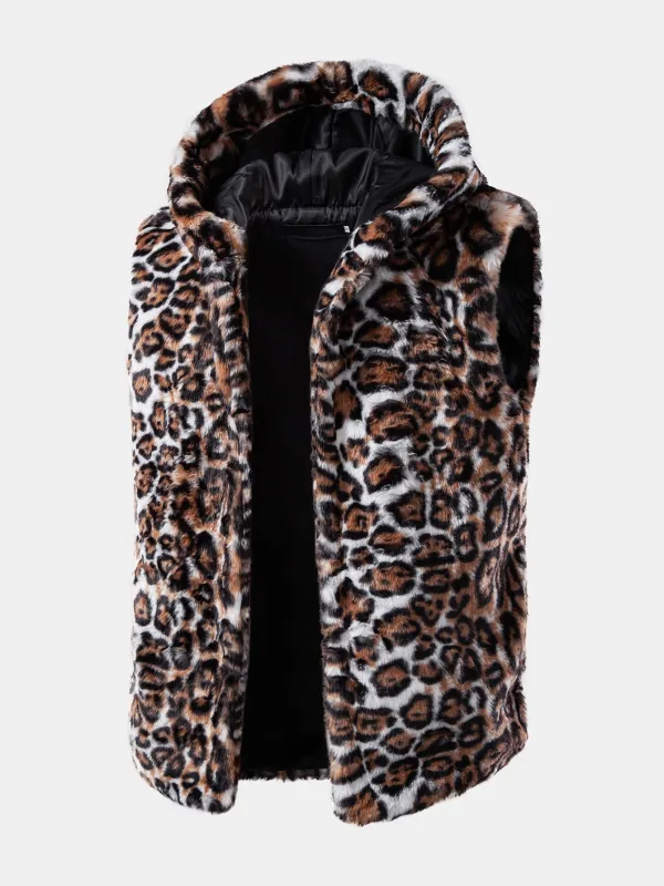 Faux Fur Leopard Hooded Vest sold by Hoooyi