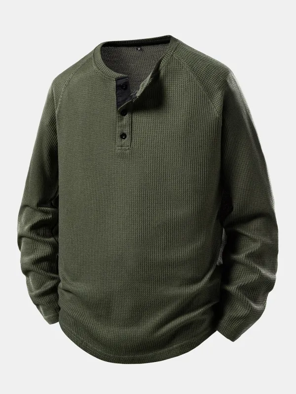 Long Sleeve Arc Hem Waffle Henley Shirt sold by Hoooyi