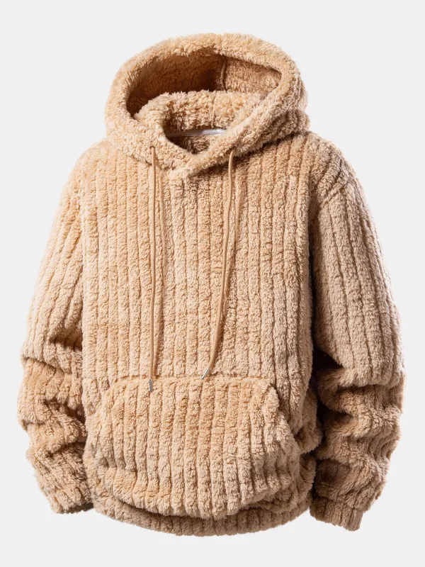 Teddy Fleece Stripe Kangaroo Pocket Hoodie sold by Hoooyi