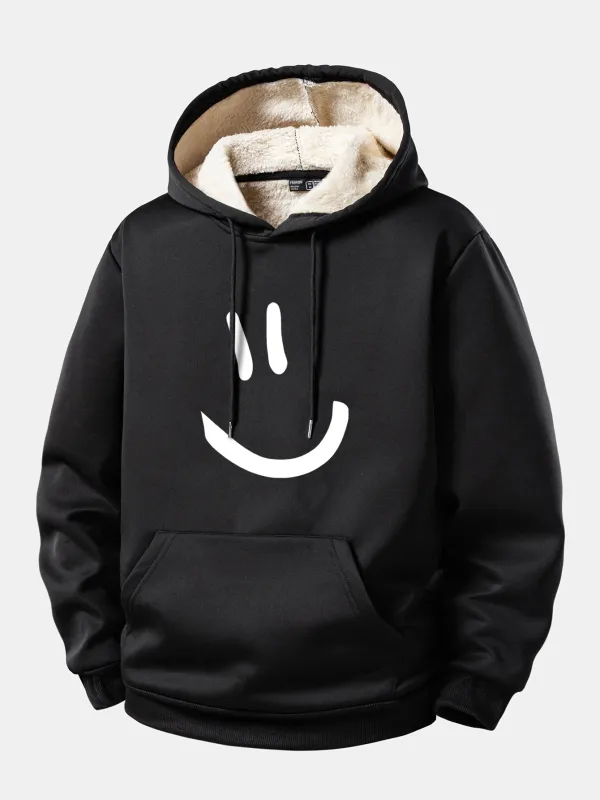Smiley Face Print Teddy Fleece Lined Drawstring Hoodie sold by Hoooyi