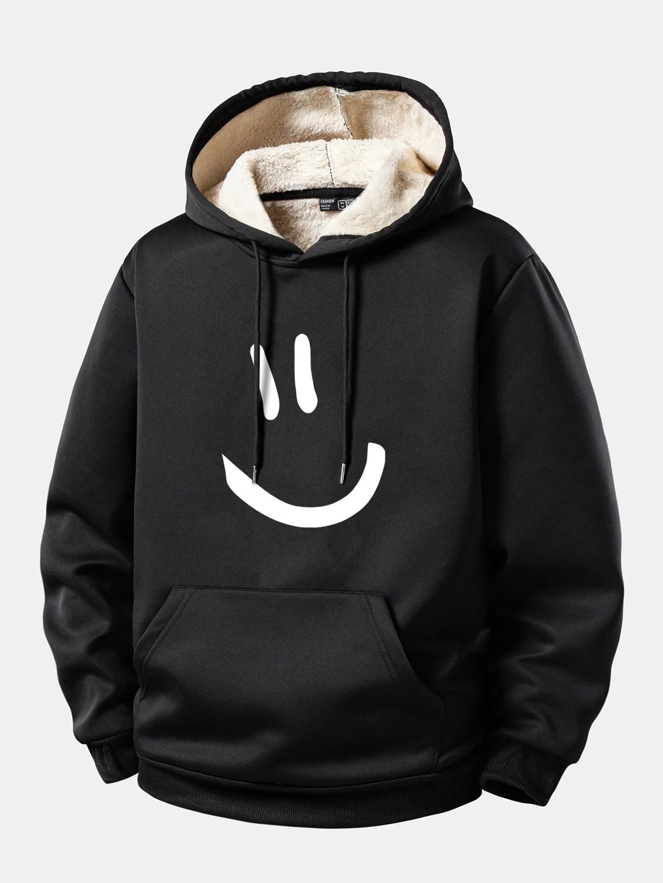 Smiley Face Print Teddy Fleece Lined Drawstring Hoodie sold by Hoooyi