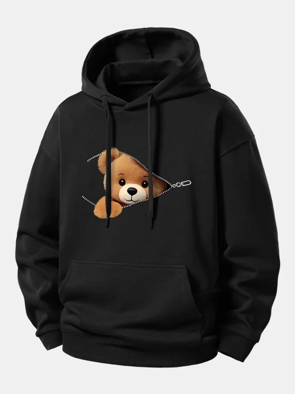 Zipper Bear Print Relax Fit Hoodie sold by Hoooyi