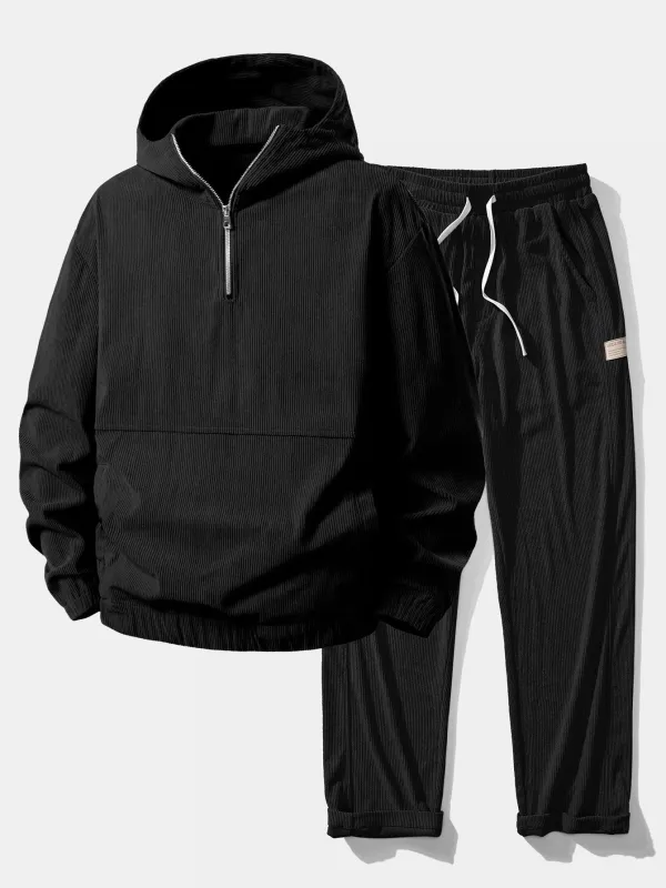 Relax Fit Corduroy Half-Zip Hooded Pullover & Straight Leg Corduroy Pants sold by Hoooyi