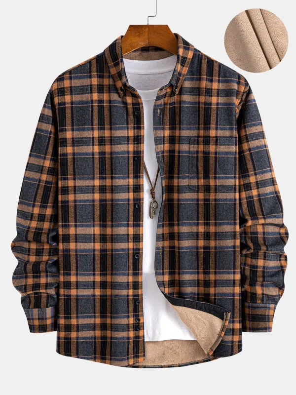 Flannel Fleece Lined Plaid Cotton Button Up Shirt sold by Hoooyi