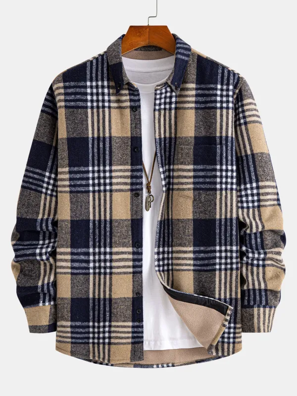 Flannel Fleece Lined Plaid Cotton Button Up Shirt sold by Hoooyi