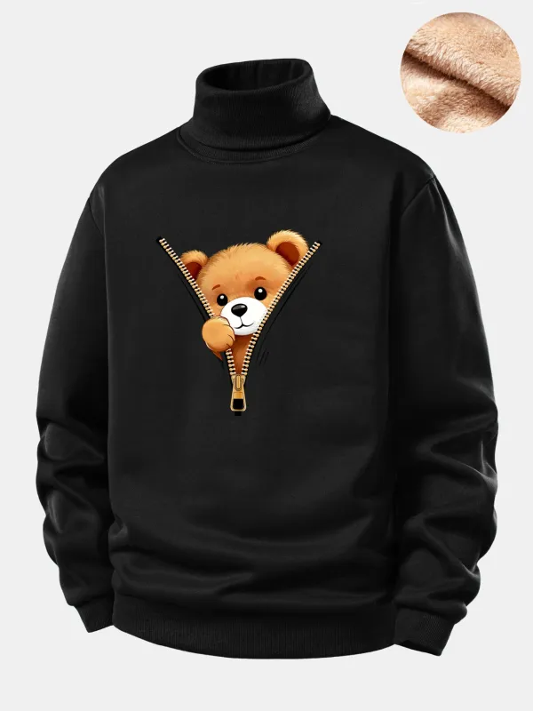 Zipper Bear Print Teddy Fleece Lined Turtle Neck Sweatshirt sold by Hoooyi