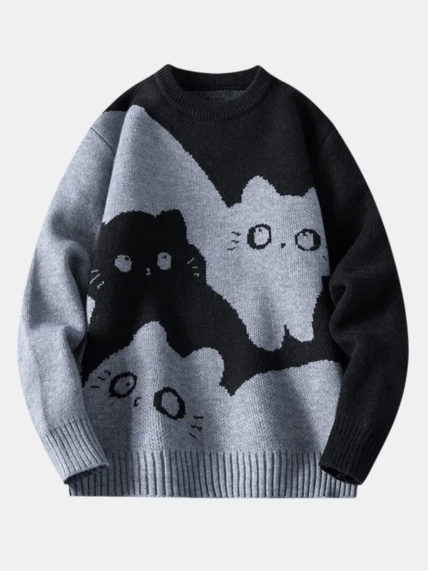 Color Block Cat Print Crew Neck Sweater sold by Hoooyi