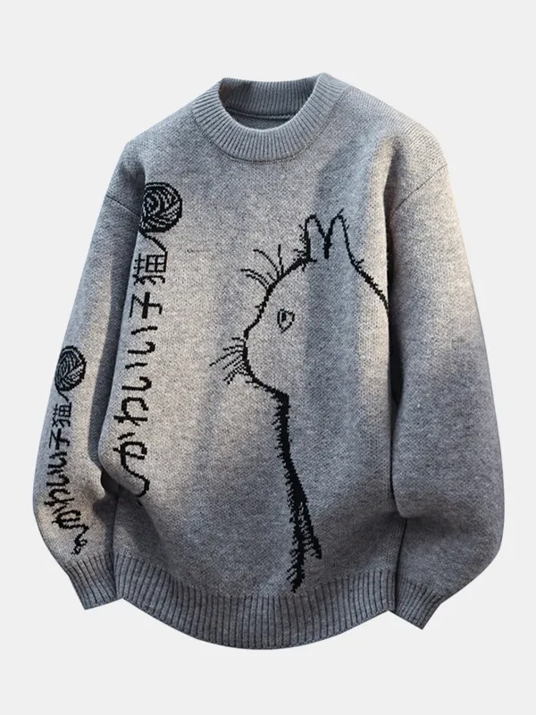 Japanese Cat Print Crew Neck Sweater sold by Hoooyi