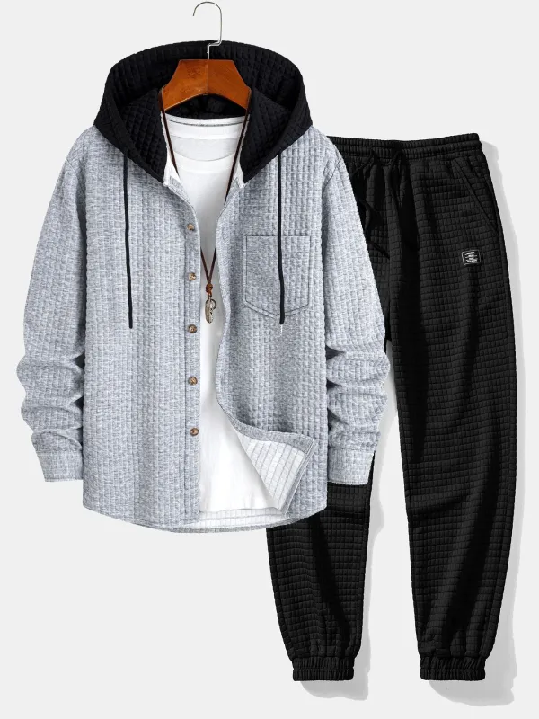 Contrast Waffle Hooded Shirt & Drawstring Waffle Jogger Pants sold by Hoooyi