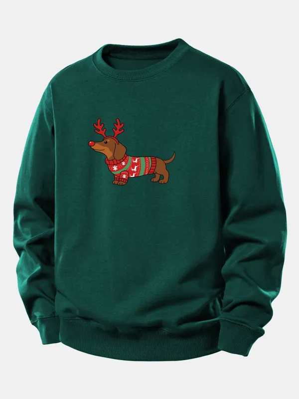 Christmas Dachshund With Reindeer Antlers Print Relax Fit Sweatshirt sold by Hoooyi