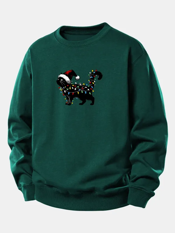 Christmas Colorful Light Black Cat Print Relax Fit Sweatshirt sold by Hoooyi