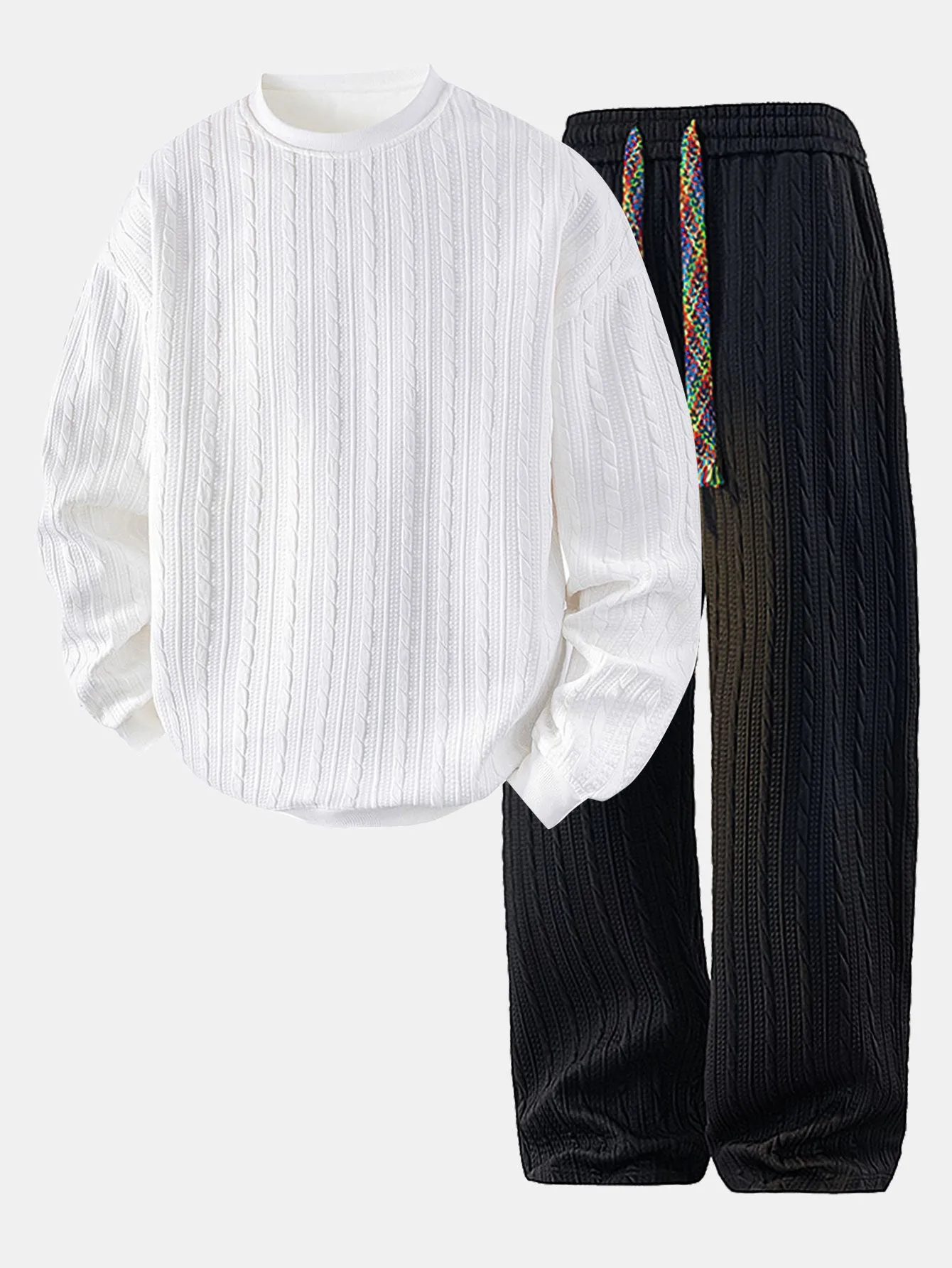 Relax Fit Twist Jacquard Crew Neck Sweatshirt & Twisted Jacquard Straight Leg Pants sold by Hoooyi