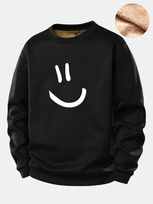 Smiley Face Print Teddy Fleece Lined Sweatshirt sold by Hoooyi