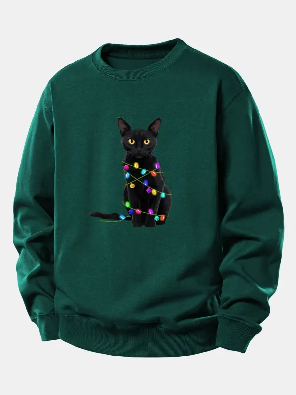 Color Lights Black Cat Print Relax Fit Sweatshirt sold by Hoooyi