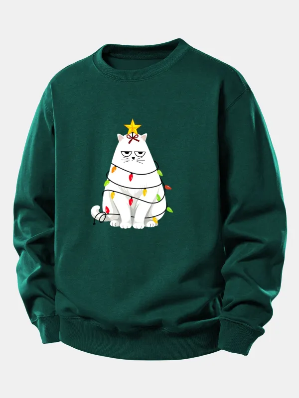 Christmas Lights White Cat Print Relax Fit Sweatshirt sold by Hoooyi