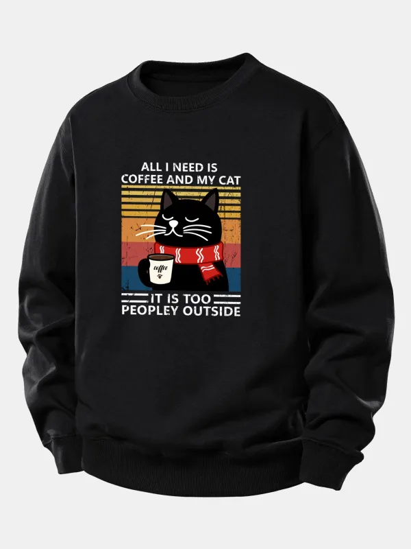 Black Cat Drinking Coffee Print Relax Fit Sweatshirt sold by Hoooyi