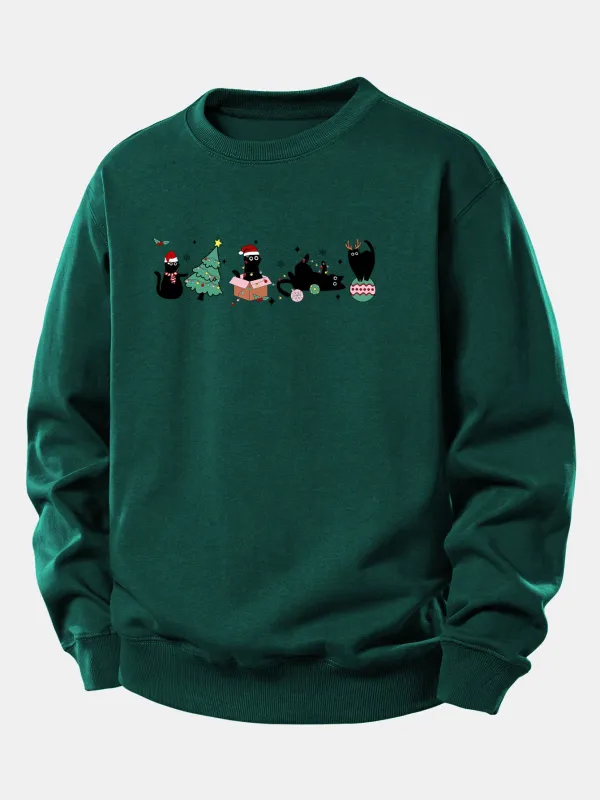 Christmas Black Cat Print Relax Fit Sweatshirt sold by Hoooyi