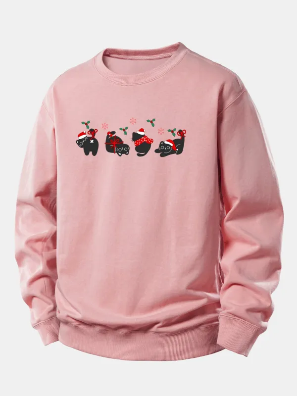 Christmas Black Cat Print Relax Fit Sweatshirt sold by Hoooyi