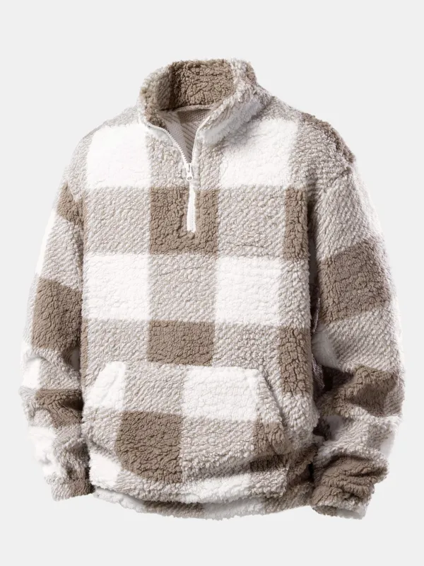 Quarter Zip Plaid Teddy Sweatshirt sold by Hoooyi