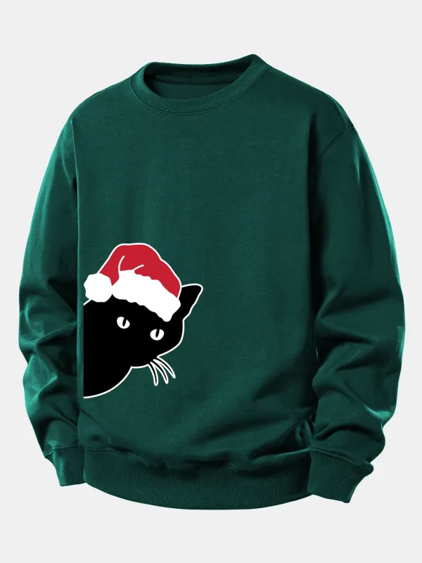 Christmas Black Cat Print Relax Fit Sweatshirt sold by Hoooyi