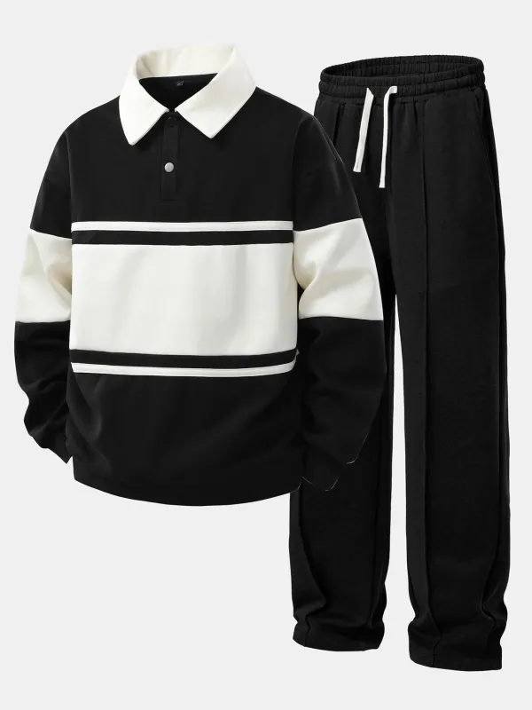 Relax Fit Color Block Patchwork Polo Sweatshirt & Straight Leg Pleated Pintuck Sweatpants sold by Hoooyi