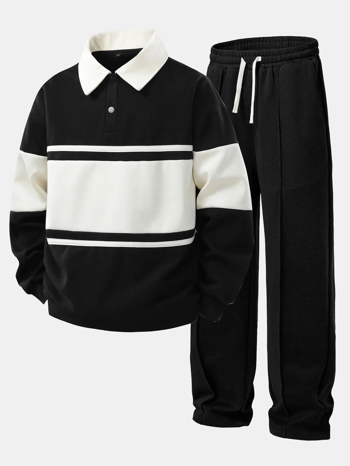 Relax Fit Color Block Patchwork Polo Sweatshirt & Straight Leg Pleated Pintuck Sweatpants sold by Hoooyi