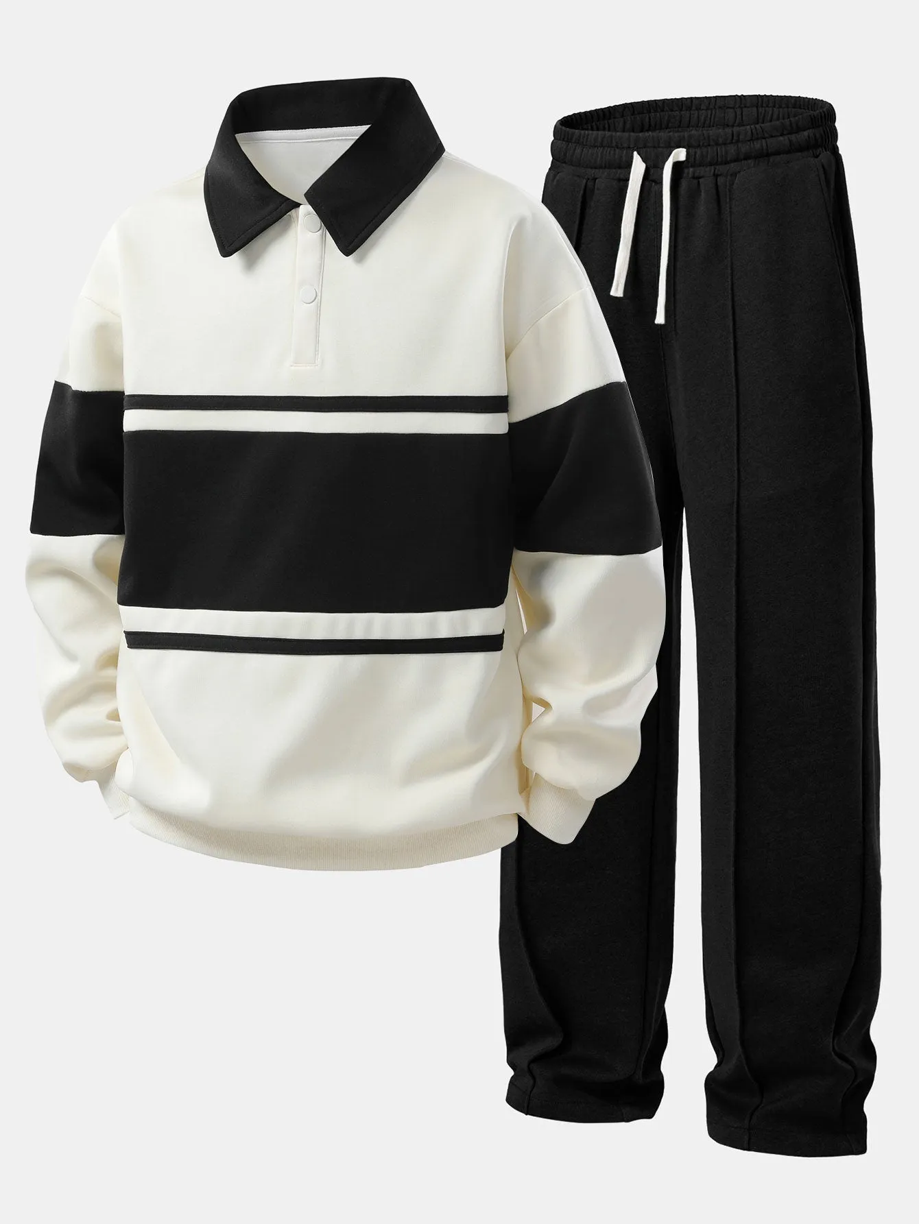 Relax Fit Color Block Patchwork Polo Sweatshirt & Straight Leg Pleated Pintuck Sweatpants sold by Hoooyi product image thumbnail 2