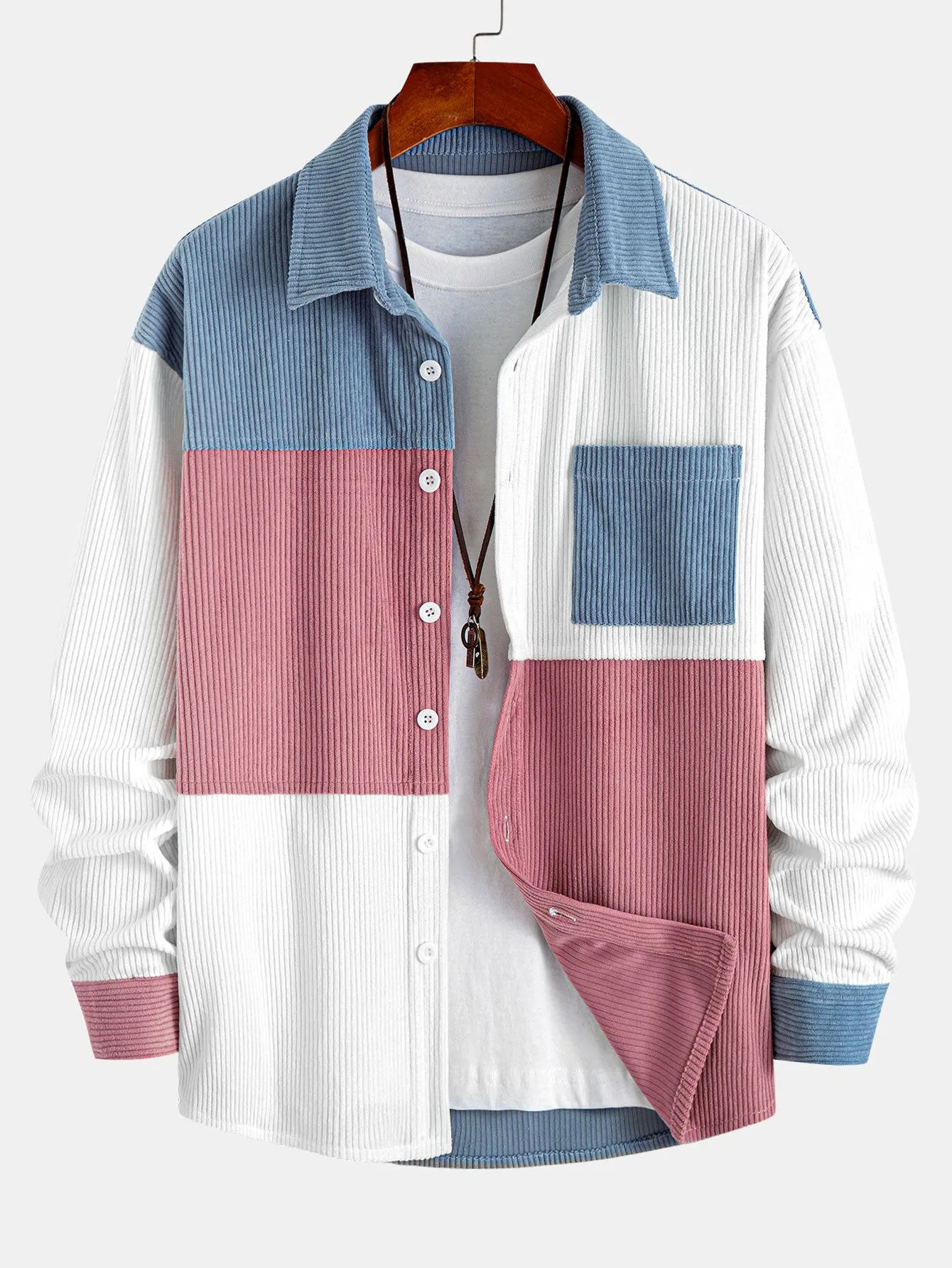 Relax Fit Color Block Corduroy Button Up Shirt sold by Hoooyi