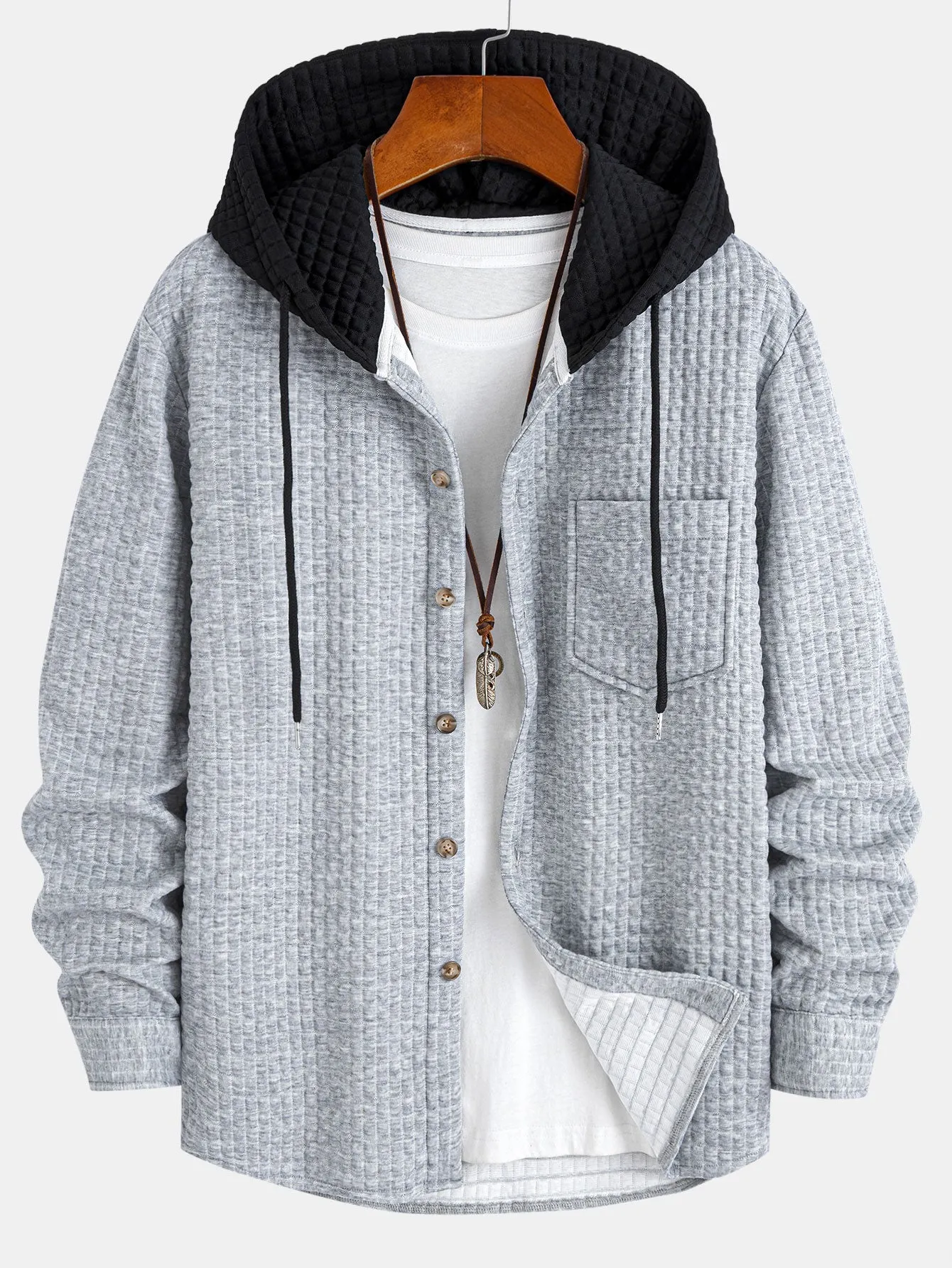 Contrast Waffle Hooded Shirt sold by Hoooyi