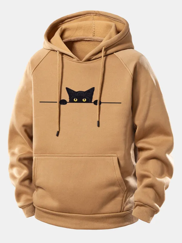 Black Cat Print Drawstring Hoodie sold by Hoooyi
