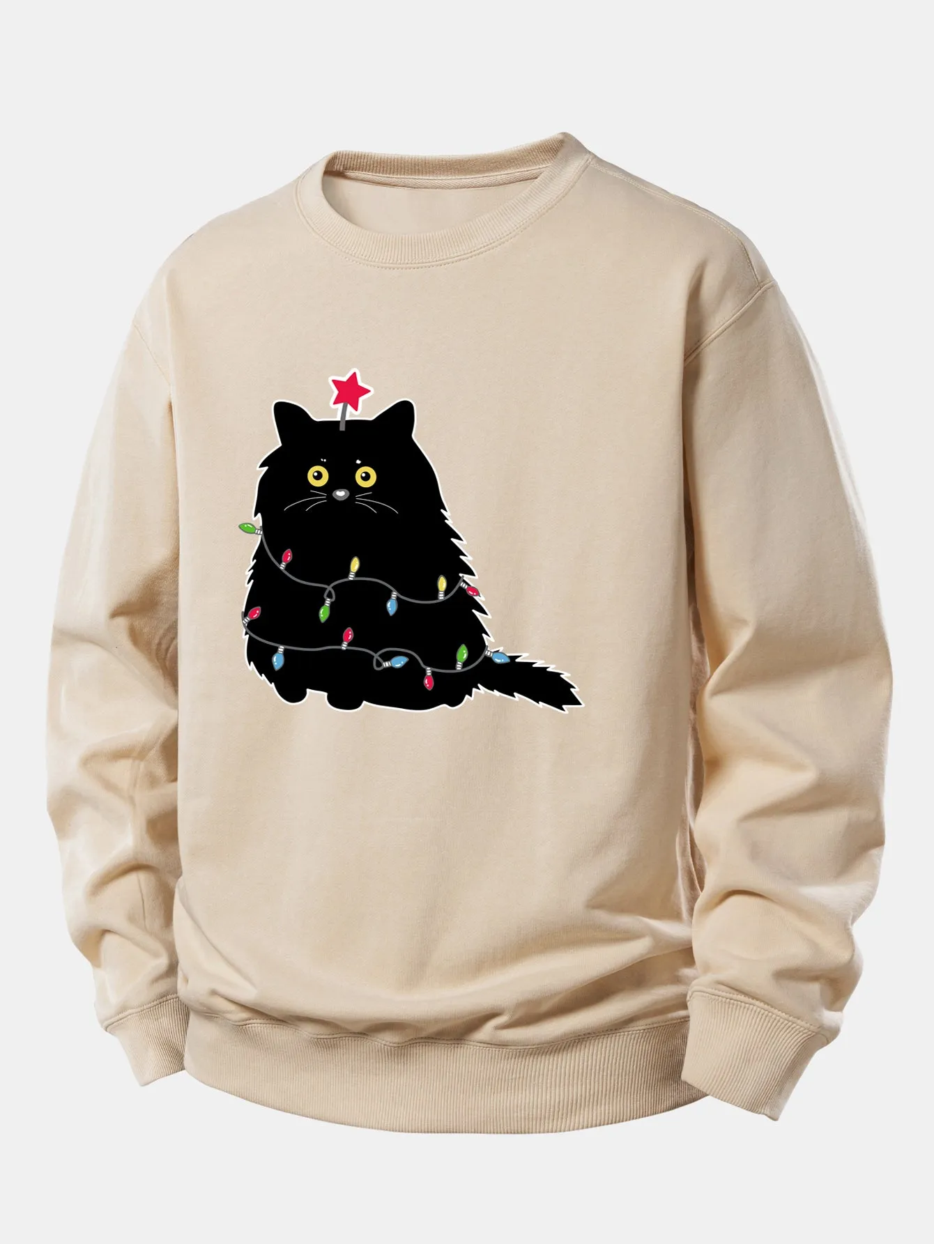 Christmas Lights Black Cat Print Relax Fit Sweatshirt sold by Hoooyi product image thumbnail 3