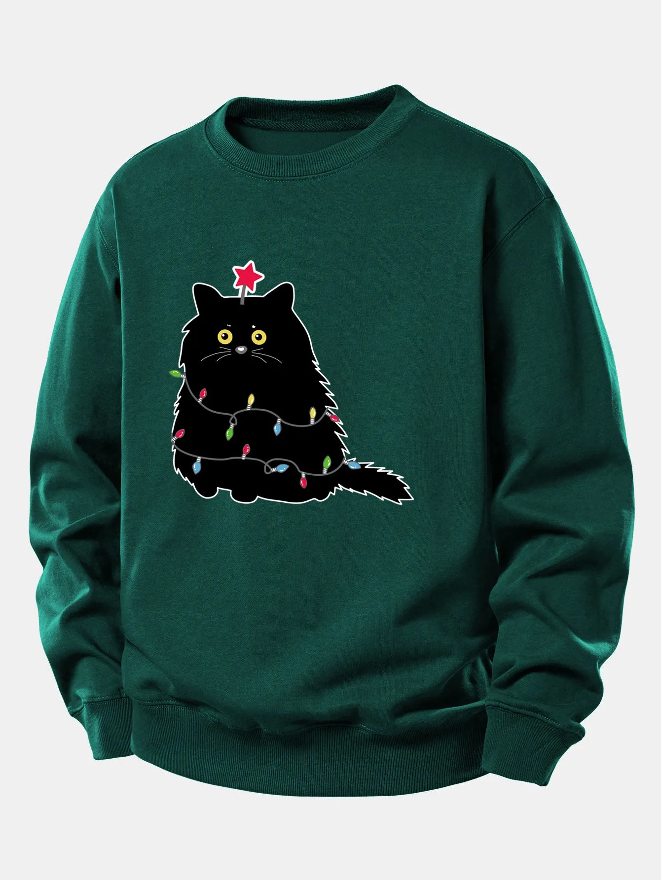 Christmas Lights Black Cat Print Relax Fit Sweatshirt sold by Hoooyi