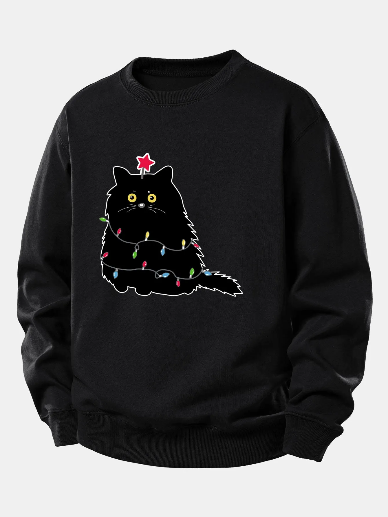 Christmas Lights Black Cat Print Relax Fit Sweatshirt sold by Hoooyi product image thumbnail 5