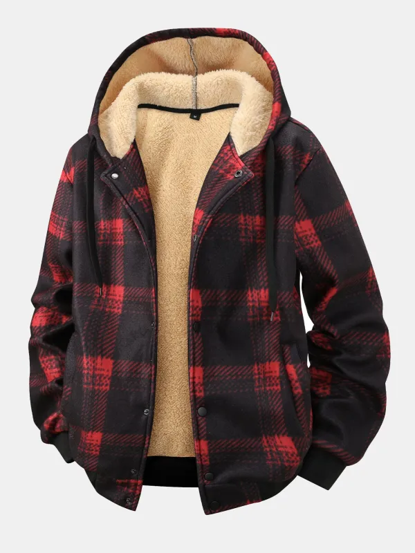 Teddy Lined Button Up Flannel Plaid Hooded Coat sold by Hoooyi