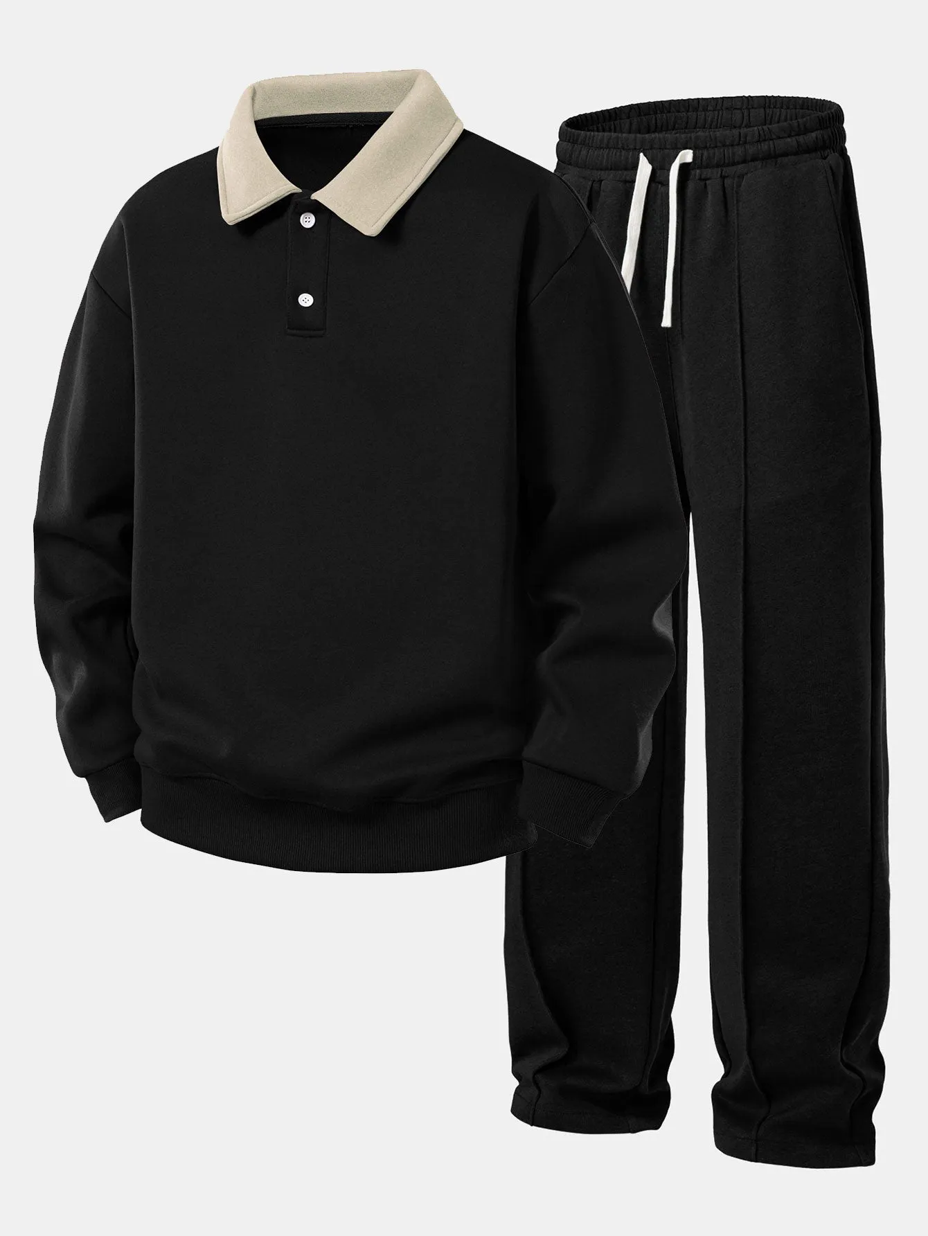 Relax Fit Contrast Polo Sweatshirt & Straight Leg Pleated Pintuck Sweatpants sold by Hoooyi product image thumbnail 2