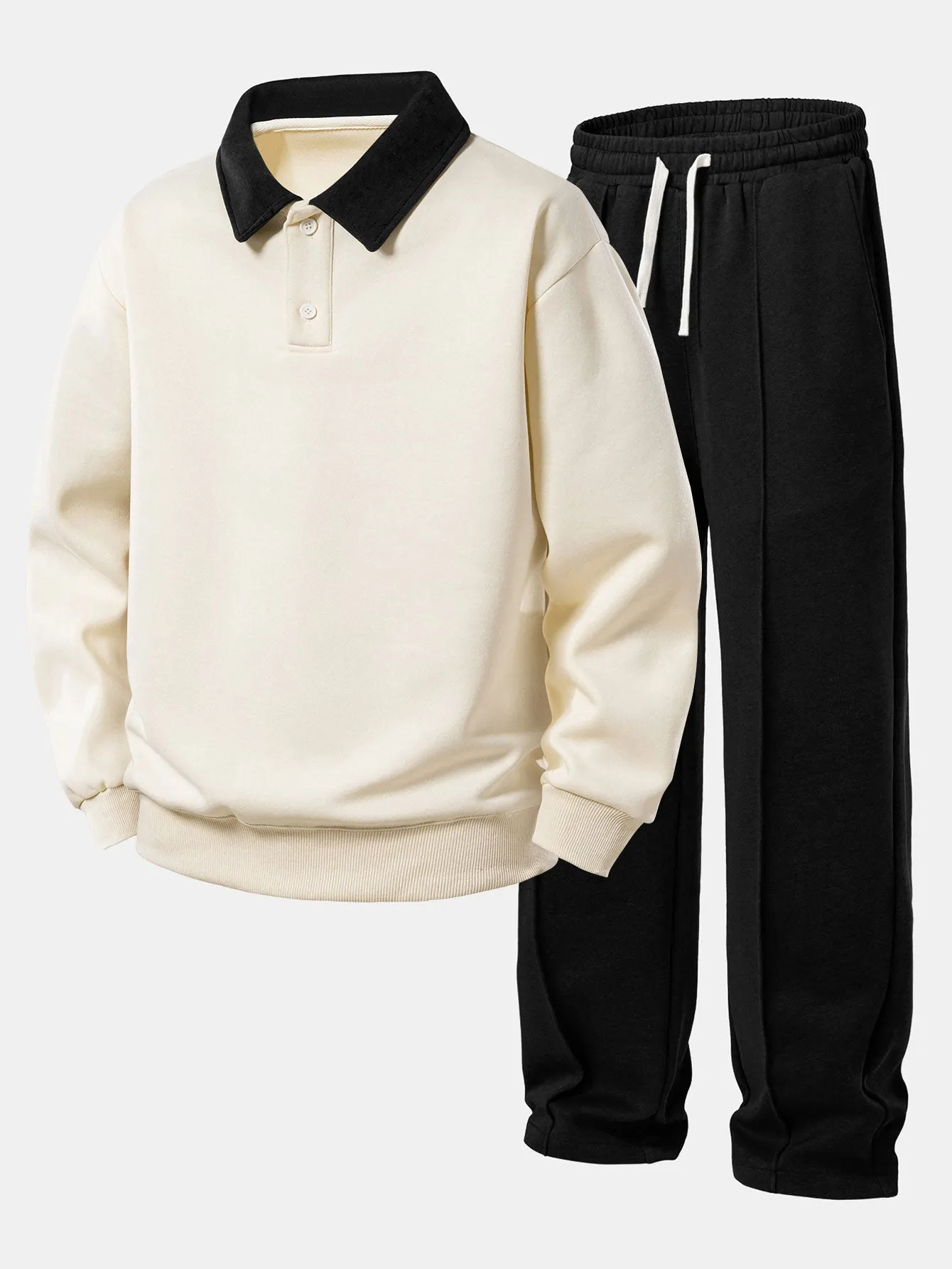 Relax Fit Contrast Polo Sweatshirt & Straight Leg Pleated Pintuck Sweatpants sold by Hoooyi