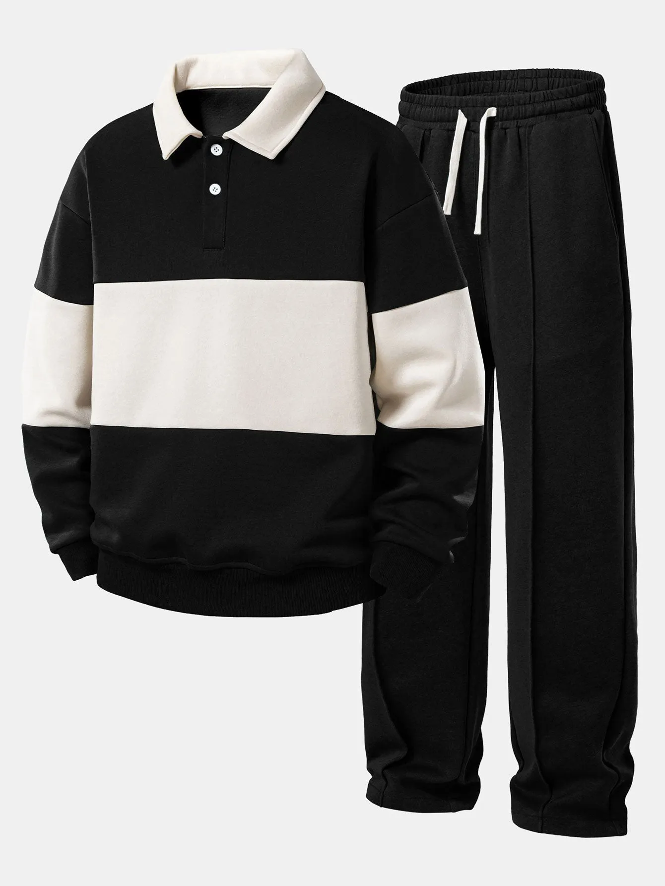 Relax Fit Color Block Polo Collar Sweatshirt & Straight Leg Pleated Pintuck Sweatpants sold by Hoooyi product image thumbnail 2