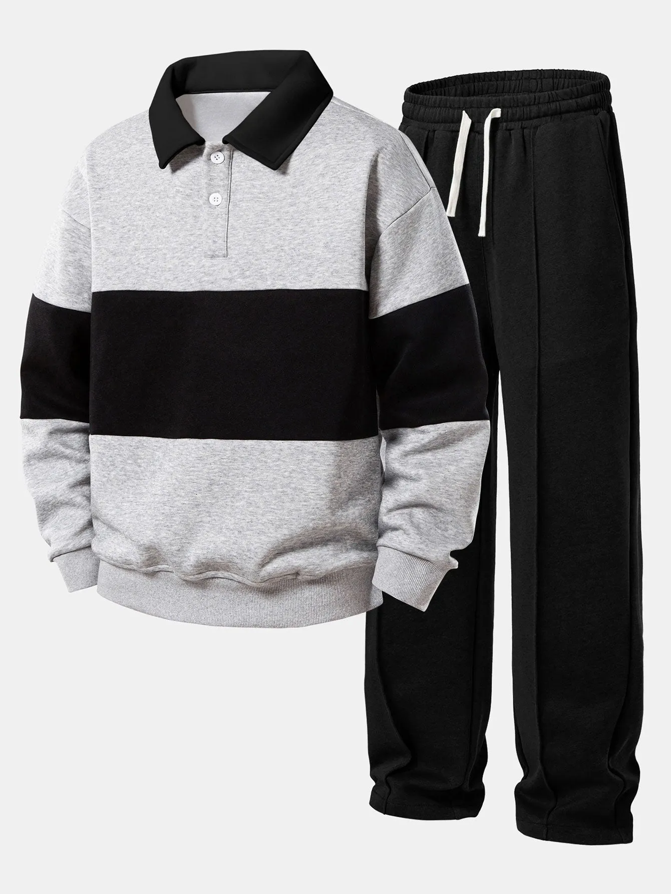 Relax Fit Color Block Polo Collar Sweatshirt & Straight Leg Pleated Pintuck Sweatpants sold by Hoooyi