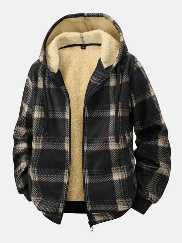Teddy Lined Zip Up Flannel Plaid Hooded Coat sold by Hoooyi
