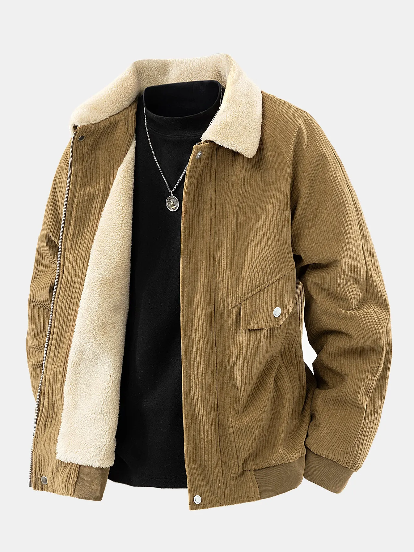 Teddy Lined Corduroy Zipper Jacket sold by Hoooyi